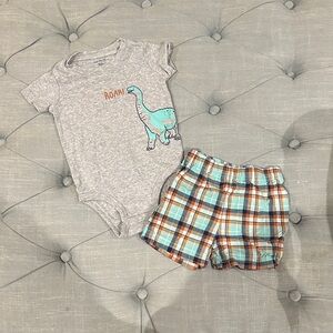 Carter's Gray Dinosaur Onesie and Plaid Shorts Set